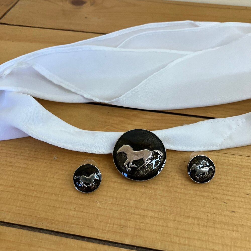 Running Horse Stud Earrings & Brooch Scarf Slide Silver-Tone Enamel Equestrian